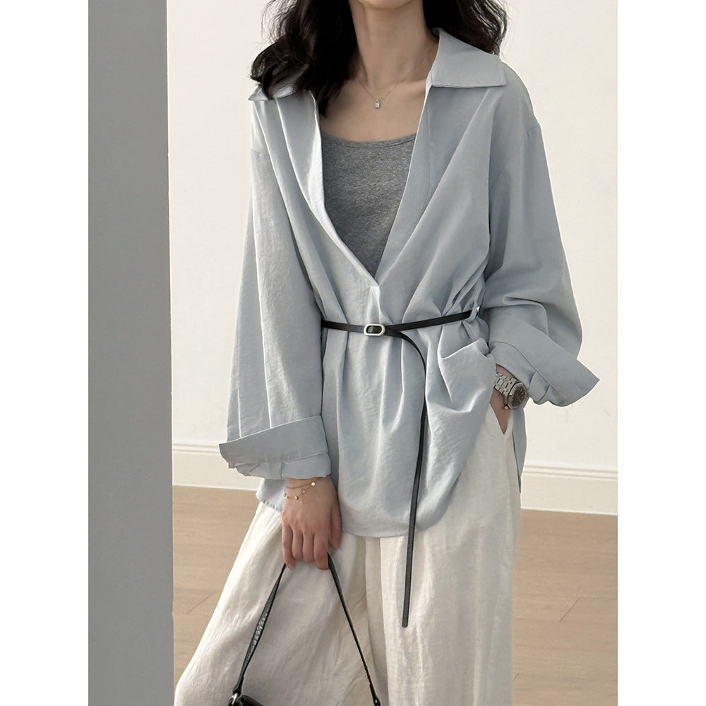 Women’s Lapel Blouse – Lightweight Cotton Blend – Relaxed Fit – Long Sleeve Belted