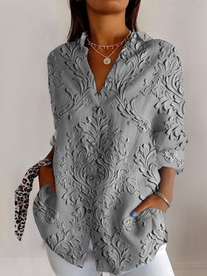 Women’s Shirt – Relaxed Fit – Embossed Floral Pattern – Button-Up – V-Neck – Cotton Blend