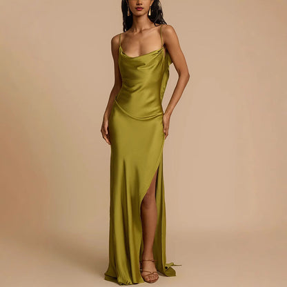 Women’s Slip Dress – Satin Finish – Cowl Neck – Spaghetti Straps – Side Slit – Relaxed Fit
