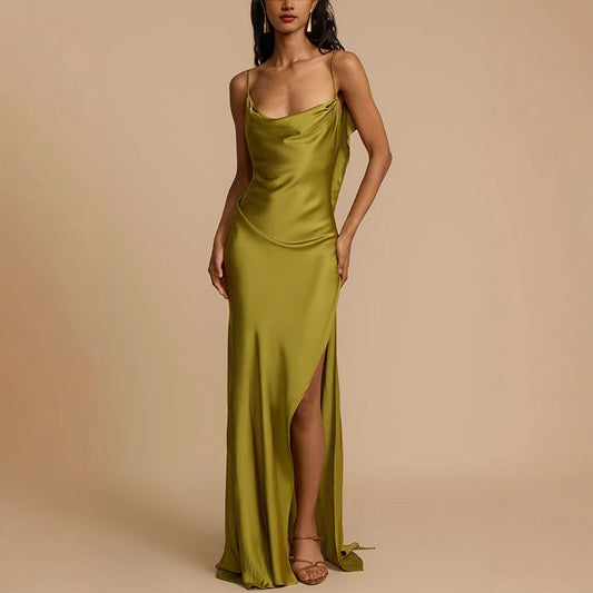 Women’s Slip Dress – Satin Finish – Cowl Neck – Spaghetti Straps – Side Slit – Relaxed Fit
