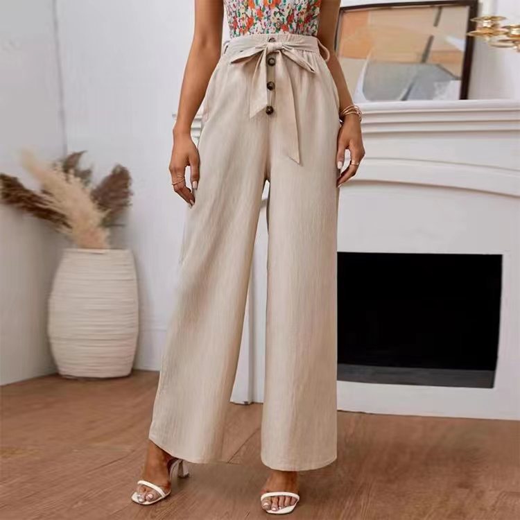 Women’s Wide-Leg Pants – High Waist – Tie Belt – Cotton Blend – Full Length Fit