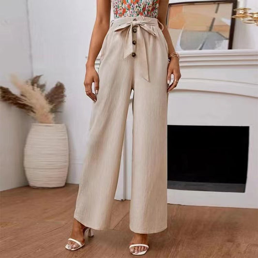 Women’s Wide-Leg Pants – High Waist – Tie Belt – Cotton Blend – Full Length Fit