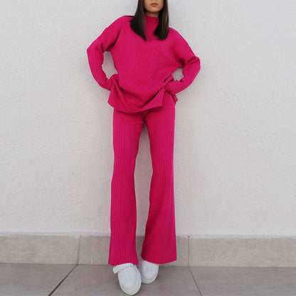 Women’s Knit Set – Ribbed Two-Piece – Oversized Top – Semi-High Neck – Full Length