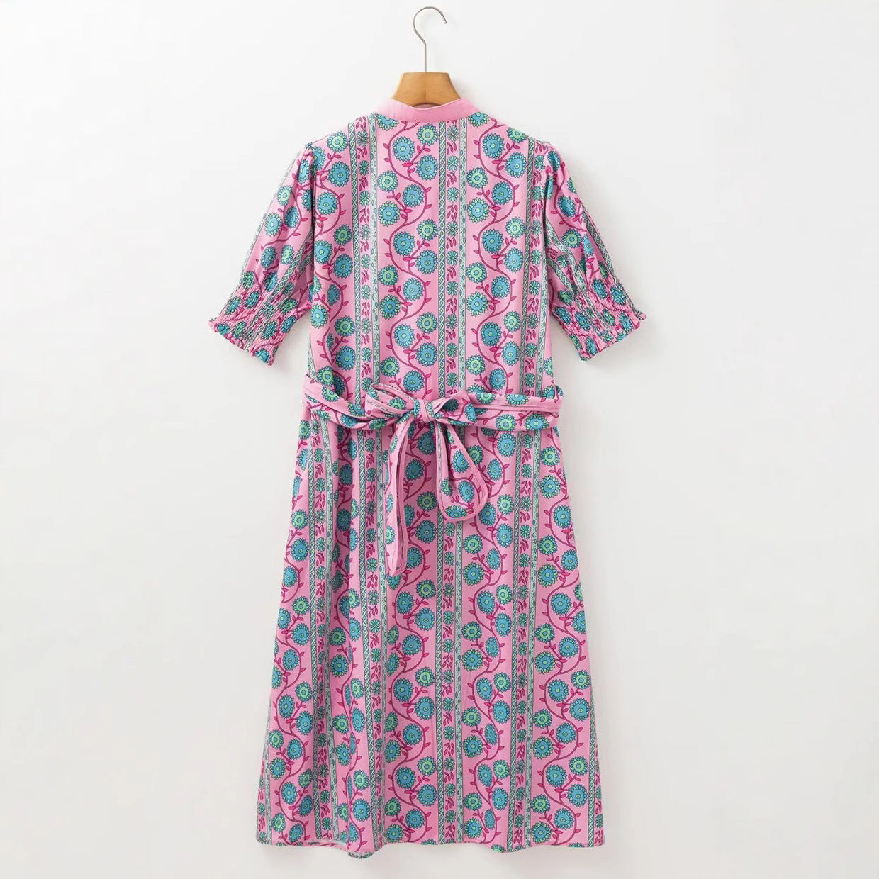 Women’s Midi Dress – Floral Print – Puff Sleeve – Belted Fit – Button Front – High Waist