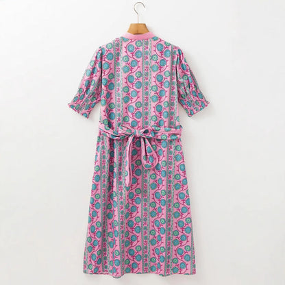 Women’s Midi Dress – Floral Print – Puff Sleeve – Belted Fit – Button Front – High Waist