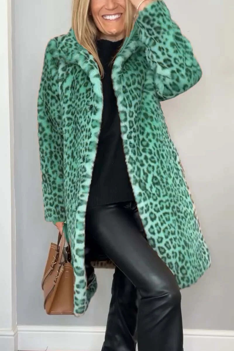 Women’s Coat – Faux Fur – Oversized Fit – Leopard Print – Notched Collar – Casual Style
