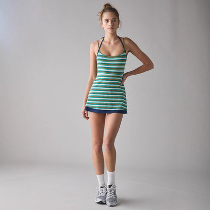 Women’s Knit Slip Dress – Slim Fit – Striped – Scoop Neck – Mini Length – Thin Straps
