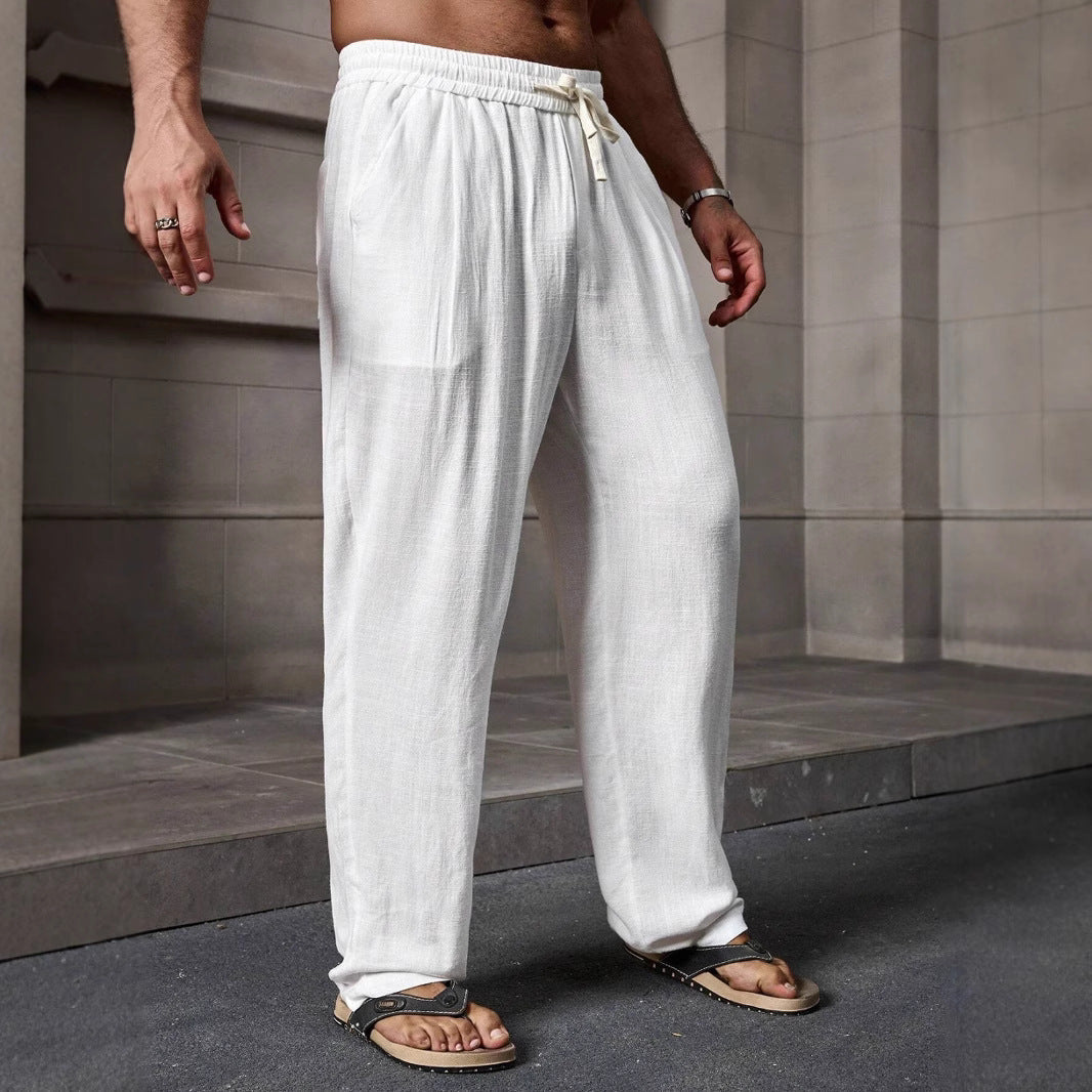 Men’s Casual Pants – Cotton Linen Blend – Loose Fit – Full Length – Elastic Waistband