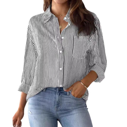 Women’s Button-Down Blouse - Cotton - Relaxed Fit - Classic Pinstripe