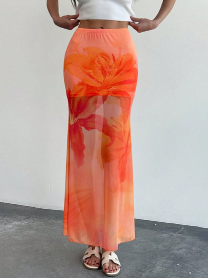 Women’s Long Skirt – Mesh Fabric – Mermaid Fit – Sheer Floral Print – Ankle Length