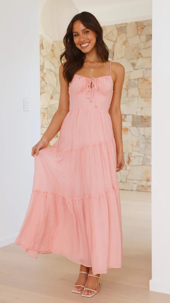 Women’s Maxi Dress – Lightweight Cotton Blend – Tiered Skirt – Spaghetti Straps – Low Back