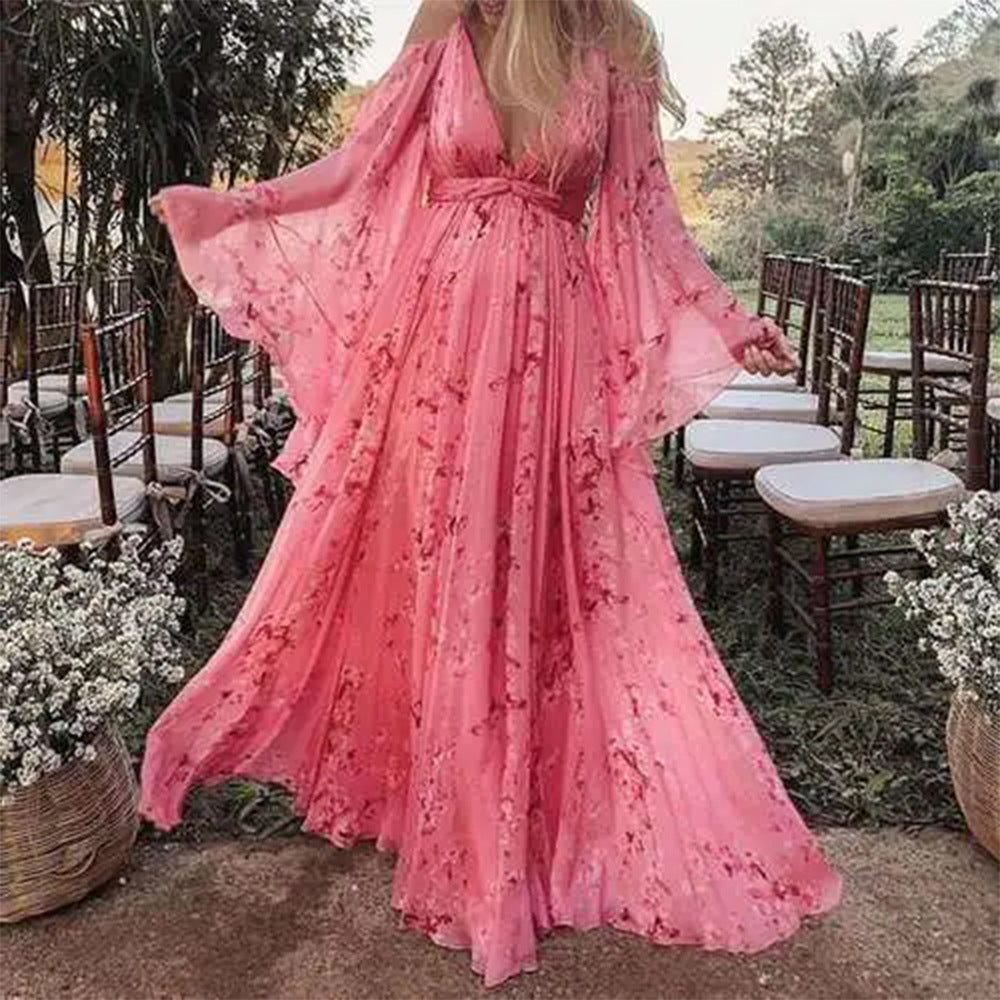Women's Maxi Dress - Satin - Flowing Silhouette - Deep V-Neck - Empire Waist