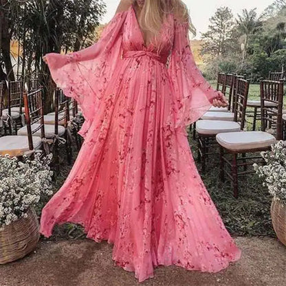 Women's Maxi Dress - Satin - Flowing Silhouette - Deep V-Neck - Empire Waist
