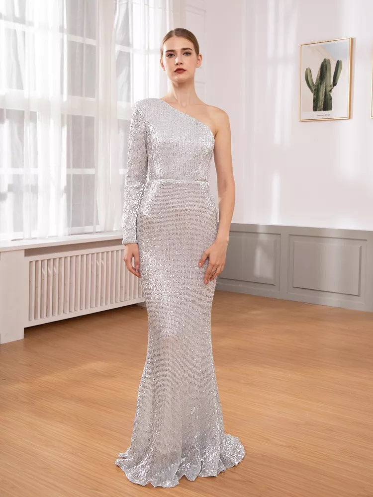 Women’s Evening Gown – One Shoulder – Sequined – Slim Fit – Mermaid Silhouette