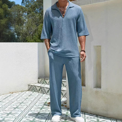 Men’s Shirt and Pants Set – Relaxed Fit – Breathable Textured Fabric – Elastic Waist