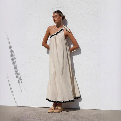 Women’s Long Dress – One Shoulder – Relaxed Fit – Tie Detail – Scalloped Hem – Breathable