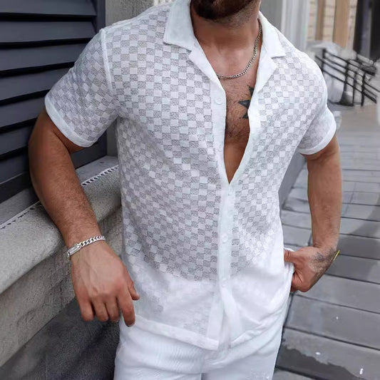 Men’s Knit Shirt – Relaxed Fit – Lightweight Sheer Fabric – Geometric Lace – Button-Up