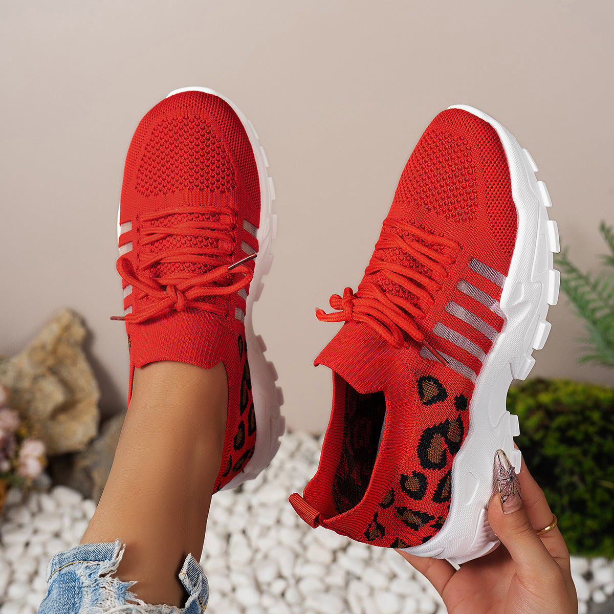 Women’s Athletic Sneakers – Flyknit Upper – Low-Top Fit – Leopard Print – Wave Sole