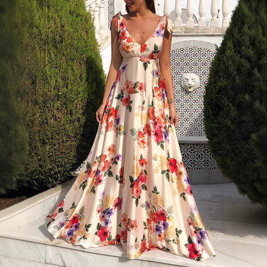 Women’s Maxi Dress – A-Line Fit – Floral Print – Spaghetti Straps – Backless