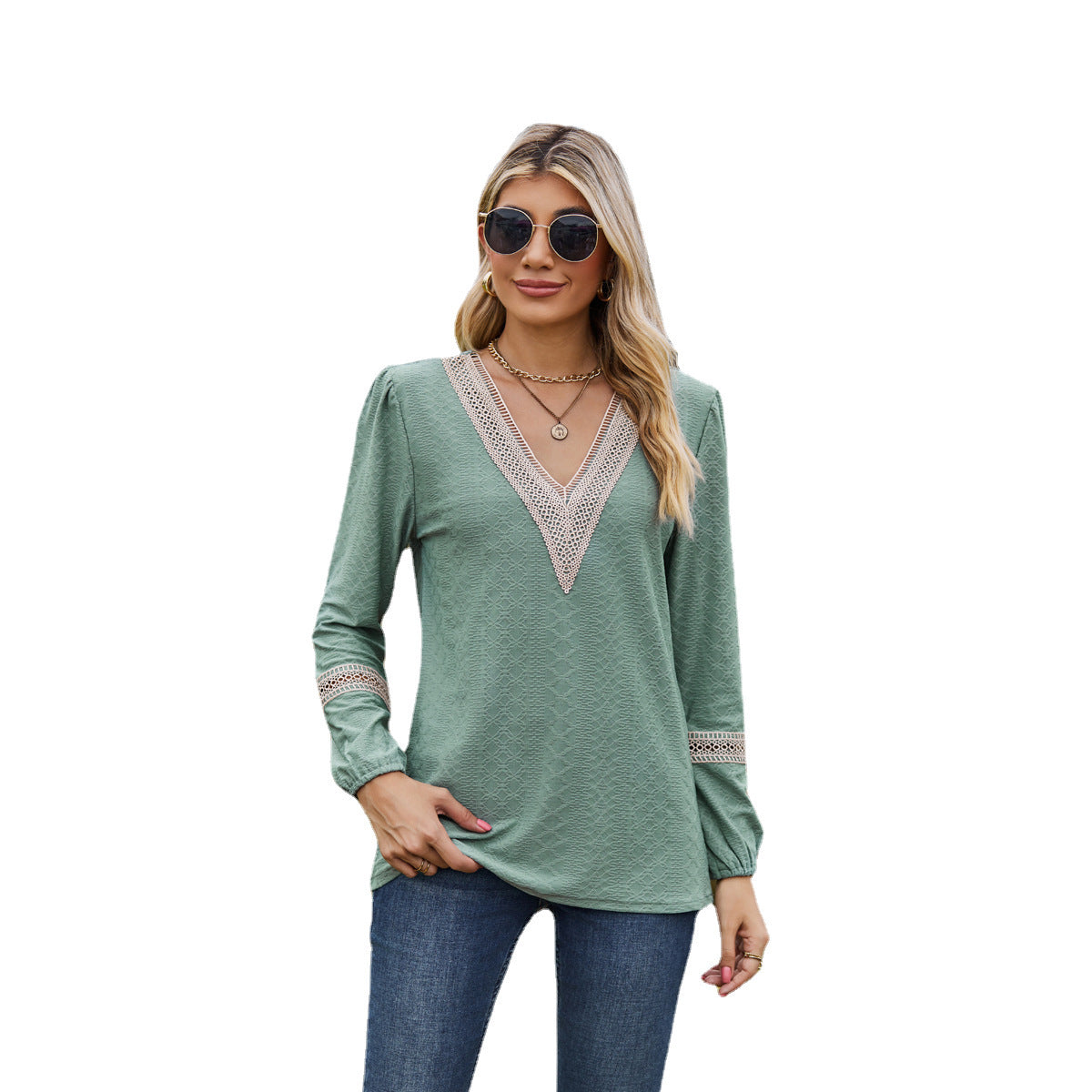 Women’s Long Sleeve T-Shirt – Loose Fit – V-Neck Lace Trim – Soft Breathable Fabric