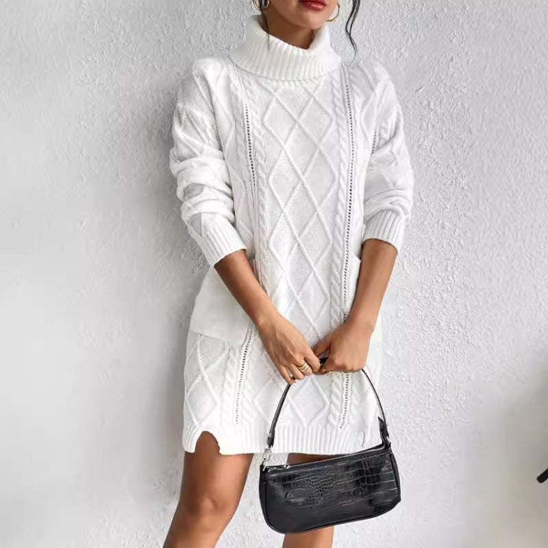 Women’s Sweater Dress – Cable Knit Wool Blend – Slim Fit – High Neck – Long Sleeve – Short Length