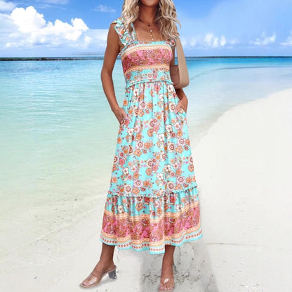 Women’s Midi Dress – Cotton Blend – Square Neck – Ruffle Sleeves – Smocked Bodice