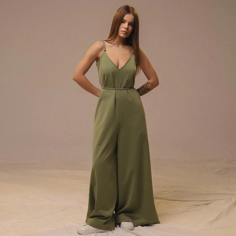 Women’s Jumpsuit – Linen Blend – Loose Fit – Wide Leg – Sleeveless Tie Waist