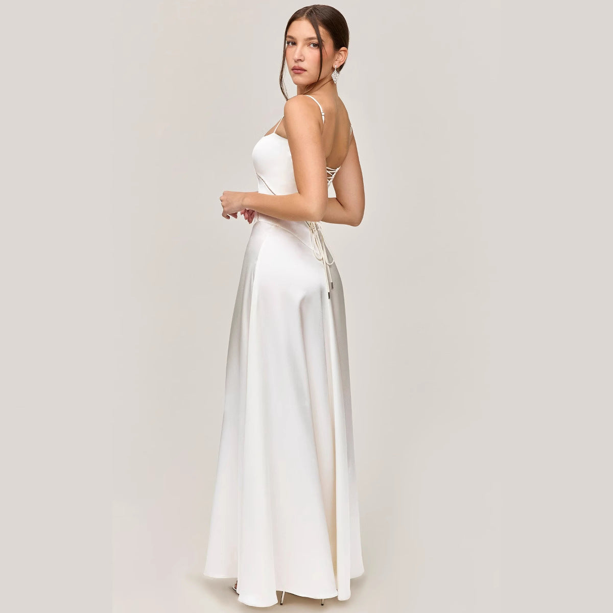 Women’s Midi Dress – Slim Fit – Satin Feel – Lace Panel – Spaghetti Straps – Cut-Out Detail