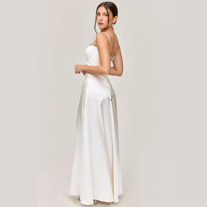 Women’s Midi Dress – Slim Fit – Satin Feel – Lace Panel – Spaghetti Straps – Cut-Out Detail