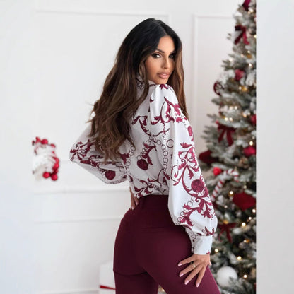 Women’s Long Sleeve Shirt – Tailored Fit – Satin Look – Bow Tie Collar – Printed Design