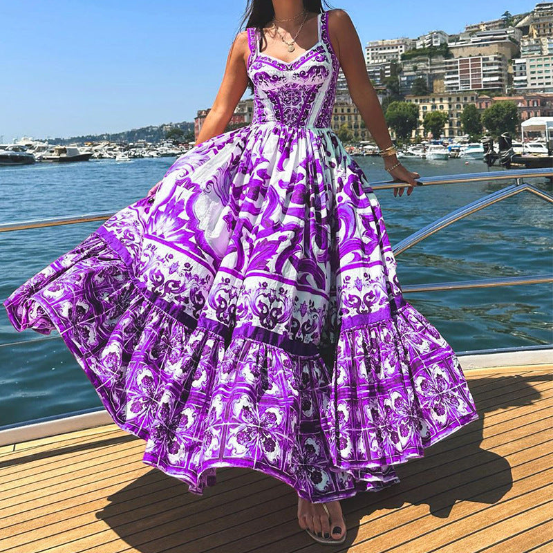 Women’s Maxi Dress – Flowing Fit – Tiered Skirt – Breathable Blend – Printed Pattern