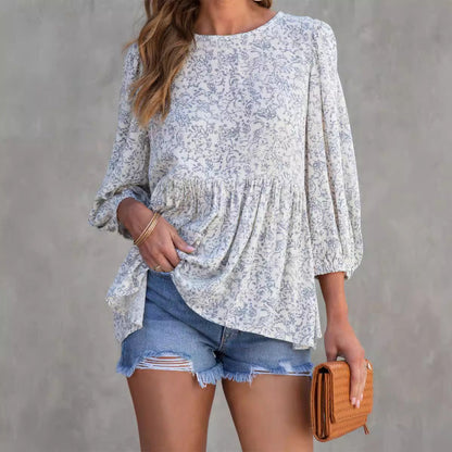 Women’s Blouse – Lightweight Cotton – Relaxed Fit – Floral Print – Lantern Sleeve