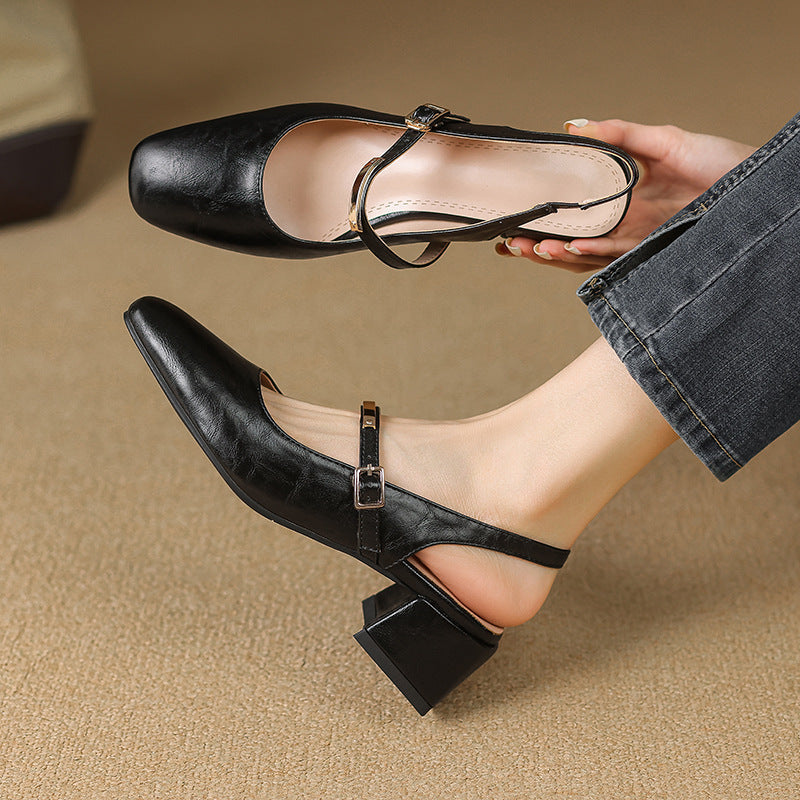 Women’s Slingback Heels – Square Toe – Studded Strap – Block Heel – Polished Finish