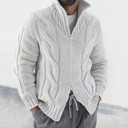 Men’s Knit Cardigan – Wool Blend – Relaxed Fit – High Neck – Cable Sleeve – Zip Front