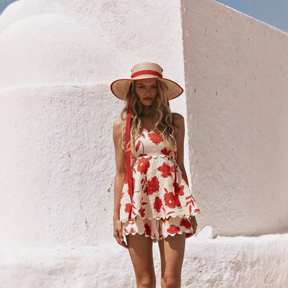 Women’s Two-Piece Set – Linen Blend – Cropped Top – Floral Print – Ruffled Hem
