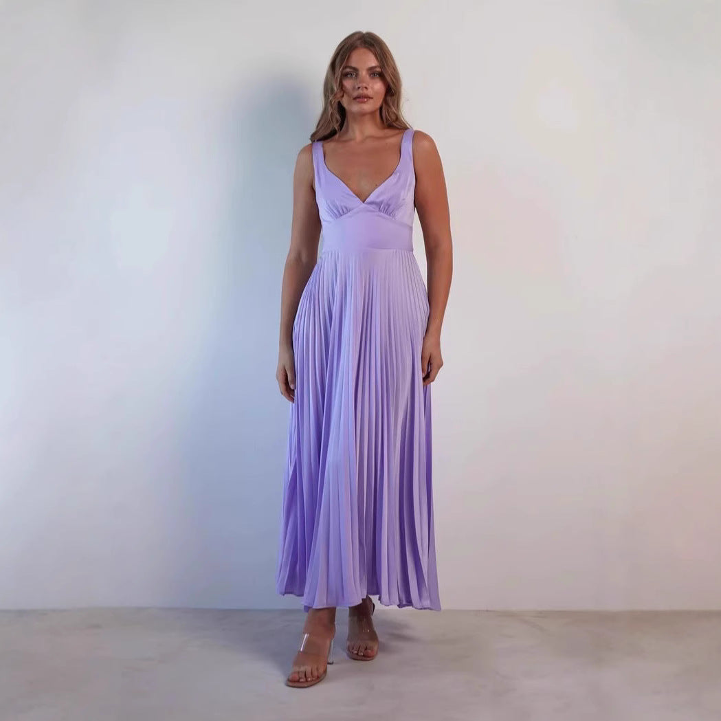 Women’s Midi Dress – Satin Finish – V-Neck – Pleated Skirt – Spaghetti Straps