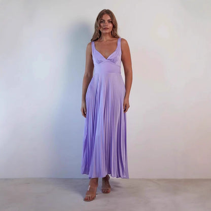 Women’s Midi Dress – Satin Finish – V-Neck – Pleated Skirt – Spaghetti Straps