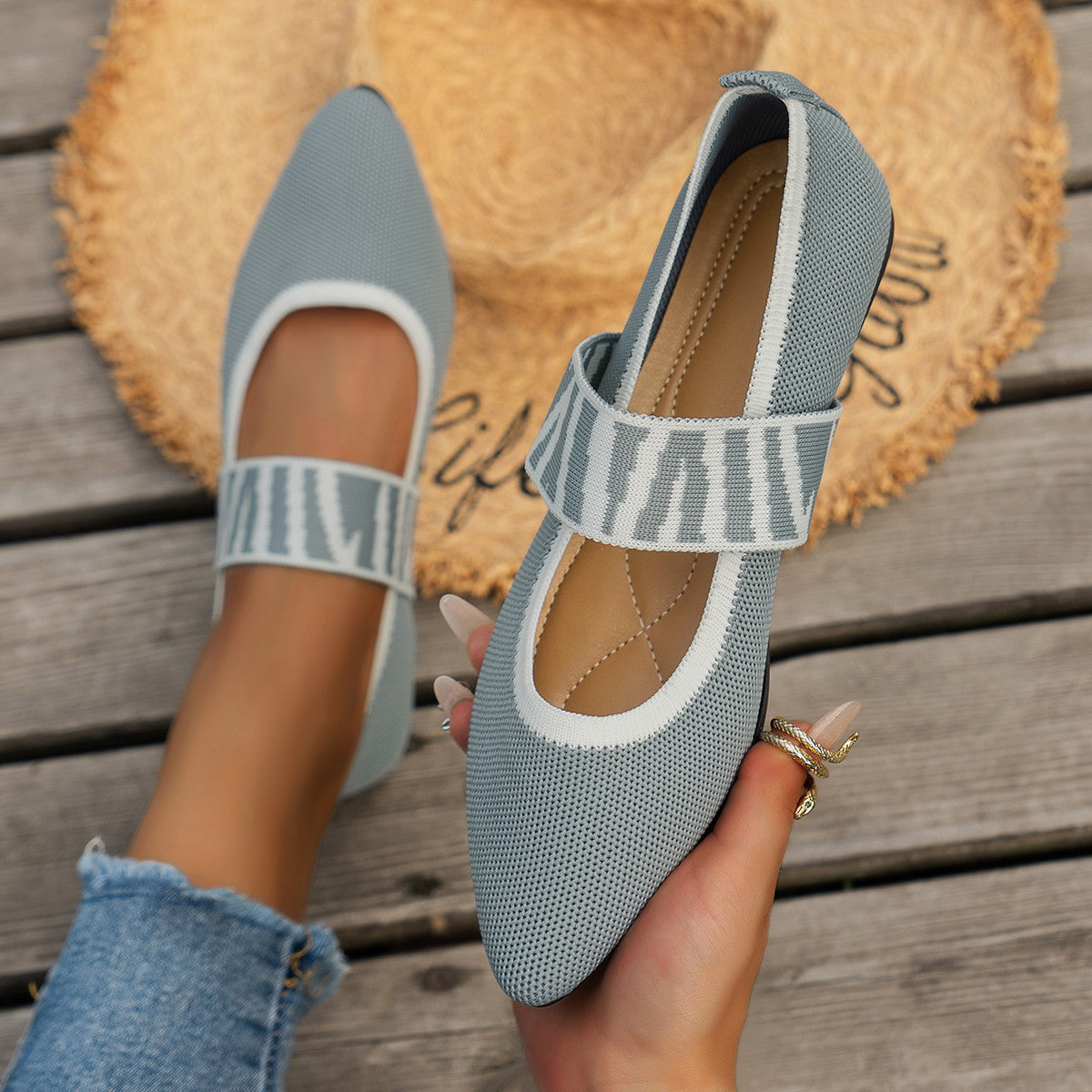 Women’s Loafers – Pointed Toe – Flat Sole – Breathable Knit – Woven Strap Detail
