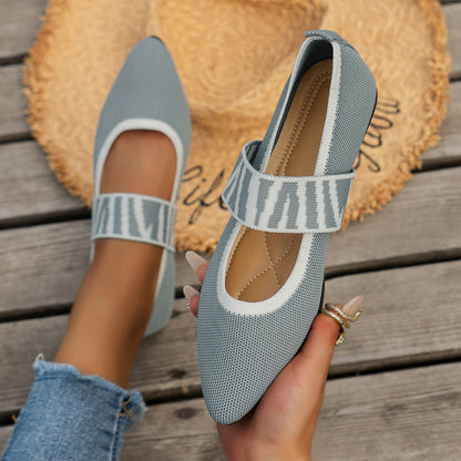Women’s Loafers – Pointed Toe – Flat Sole – Breathable Knit – Woven Strap Detail