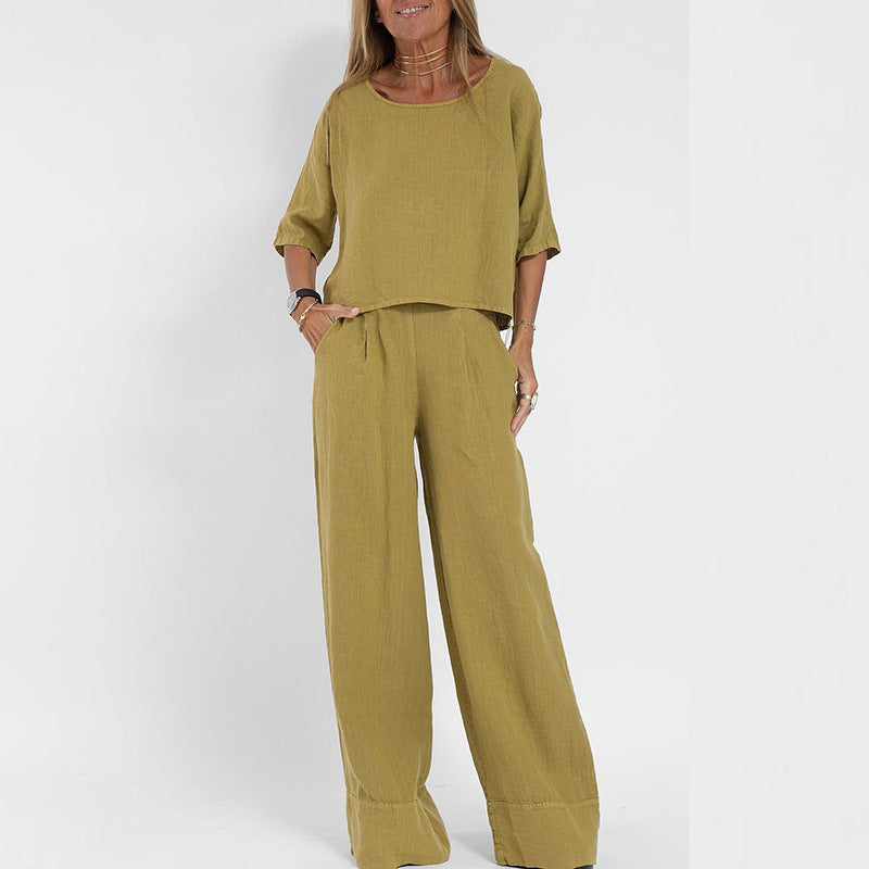 Women’s Two-Piece Set – Linen Blend – Relaxed Fit – Short Sleeve Top & Wide-Leg Pants