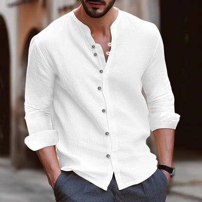Men’s Long Sleeve Shirt – Relaxed Fit – Band Collar – Breathable Natural Fibers – Button Up