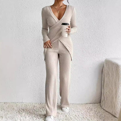 Women’s Two-Piece Set – Ribbed Knit – Wrap V-Neck Top – Relaxed Fit Pants