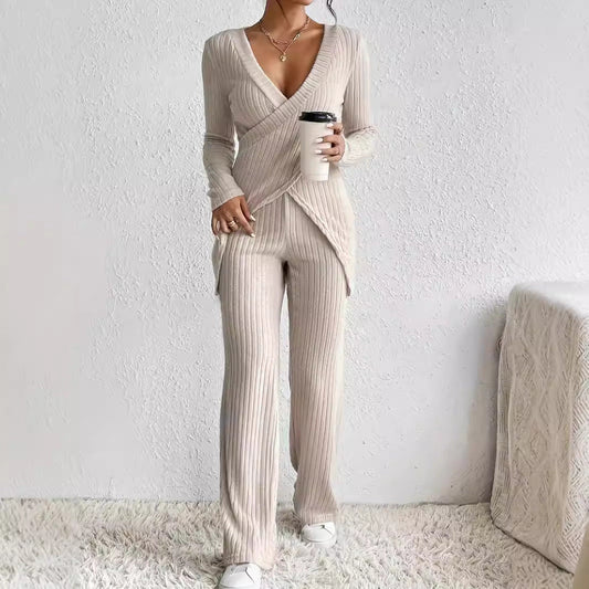 Women’s Two-Piece Set – Ribbed Knit – Wrap V-Neck Top – Relaxed Fit Pants