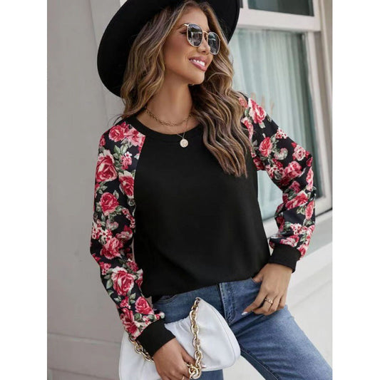Women’s Sweatshirt – Relaxed Fit – Soft Knit – Floral Raglan Sleeves – Ribbed Cuffs