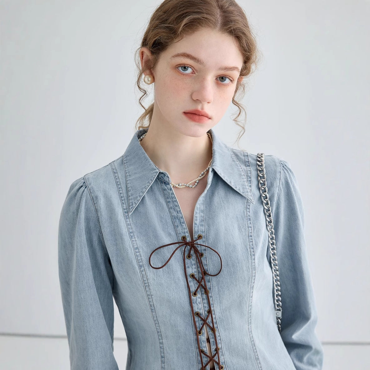 Women’s Denim Shirt Jacket – Tailored Fit – Lace-Up Front – Structured Long Sleeve