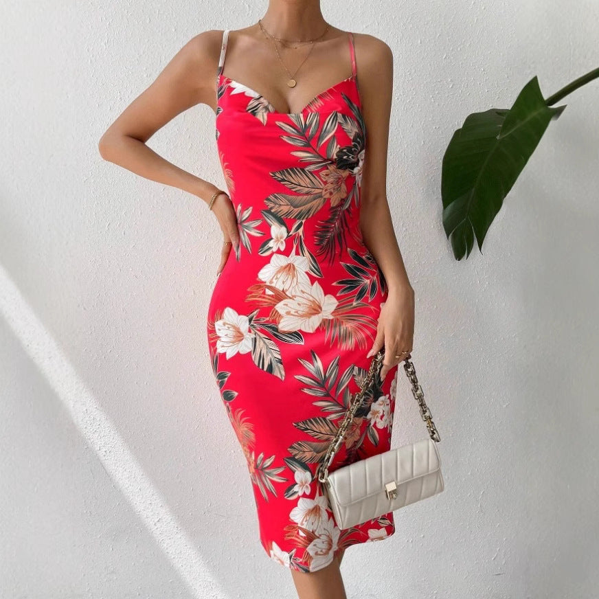 Women’s Midi Dress – Fitted Silhouette – Spaghetti Straps – Scoop Neck – Floral Print – Side Slit