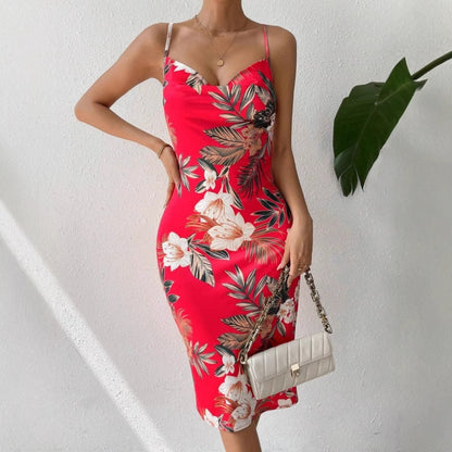Women’s Midi Dress – Fitted Silhouette – Spaghetti Straps – Scoop Neck – Floral Print – Side Slit