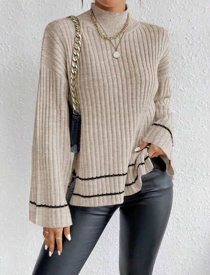 Women’s Knitted Sweater – Oversized Fit – Ribbed Texture – Mock Neck – Flared Sleeve