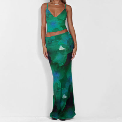 Women’s Vest and Maxi Skirt Set – Satin Finish – Fitted Silhouette – Deep V-Neck