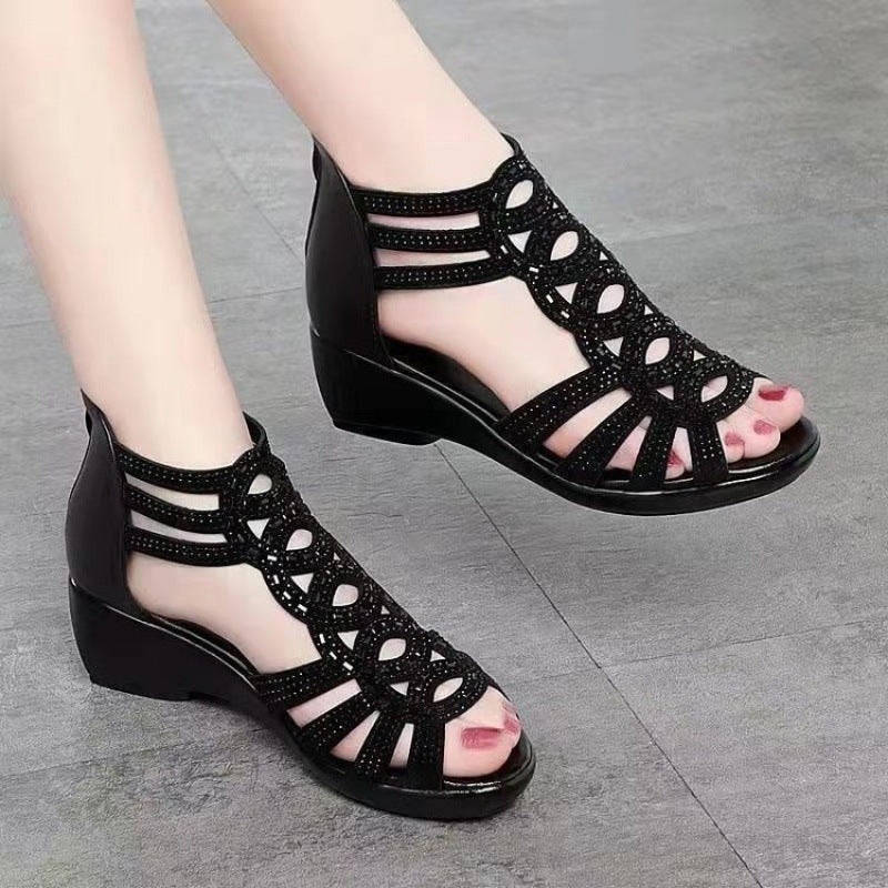 Women’s Mid-Heel Sandals – Gladiator Cut-Out – Embellished Straps – Wedge Heel